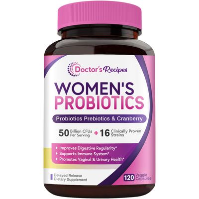 Doctor&#39;s Recipes Women s Probiotic, 120 Caps 50 Billion CFU 16 Strains, with Organic Cranberry, Digestive Immune Vaginal Urinary Health, Shelf Stable, Delayed Release, No Soy Gluten Dairy