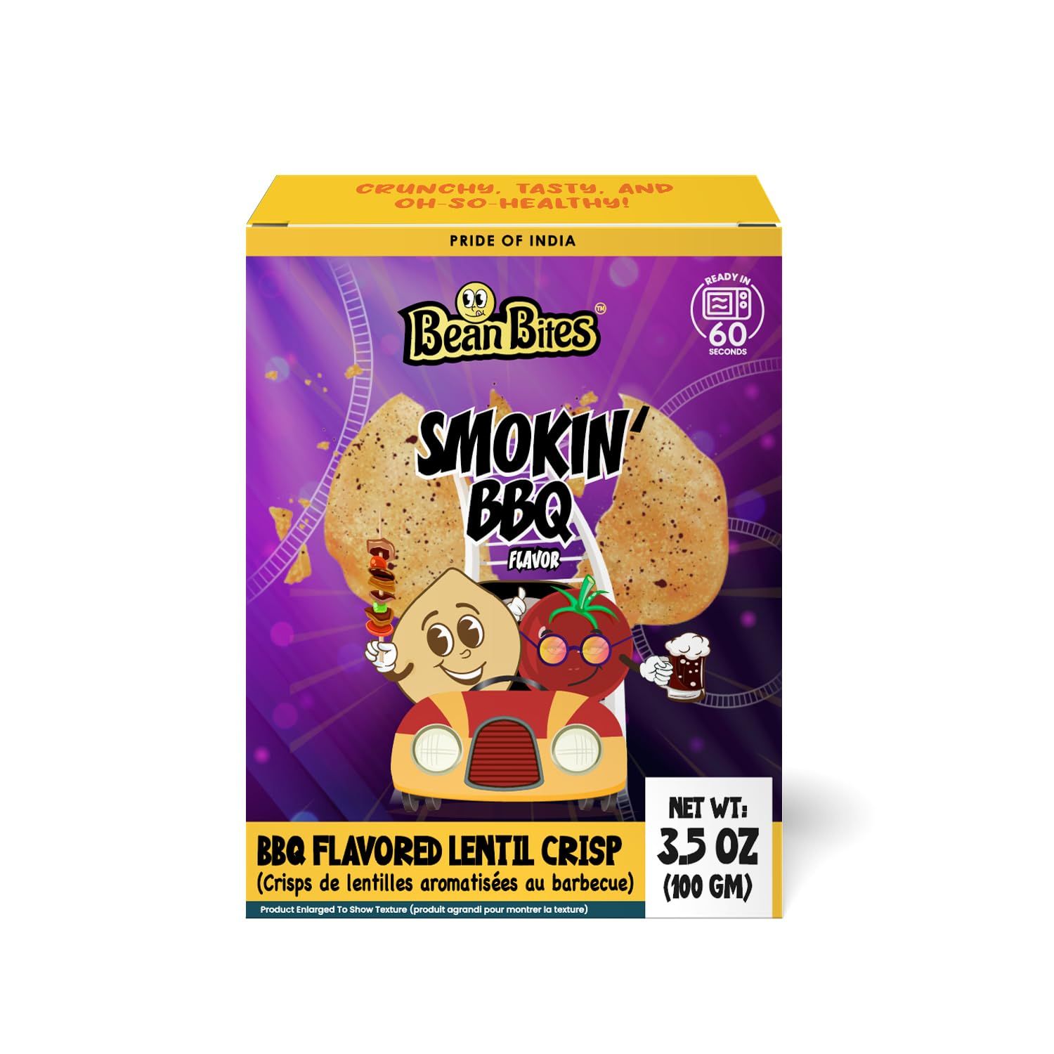 Bean Bites Smokin BBQ Lentil Crisp 3.53 oz (100 g) Mini Poppadom Snack Round Crunchy Crisps Earthy, Mild BBQ Flavor Heat in Oven (60 secs) Plant Based Protein by Pride of India