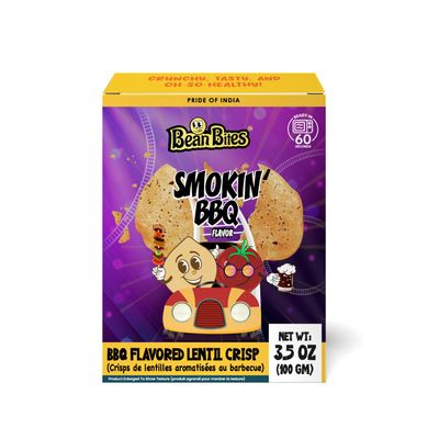 Bean Bites Smokin BBQ Lentil Crisp 3.53 oz (100 g) Mini Poppadom Snack Round Crunchy Crisps Earthy, Mild BBQ Flavor Heat in Oven (60 secs) Plant Based Protein by Pride of India