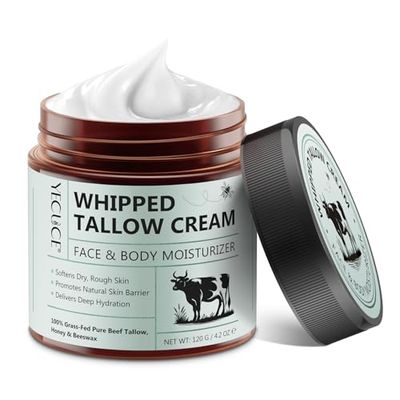 Beef Tallow for Skin, Tallow and Honey Balm, All Natural Moisturizer Hydrates and Nourishes the Skin, Deeply Moisturizing for Face Body, Organic Grass Fed Whipped Beef Tallow Honey Beeswax-4.2 Oz