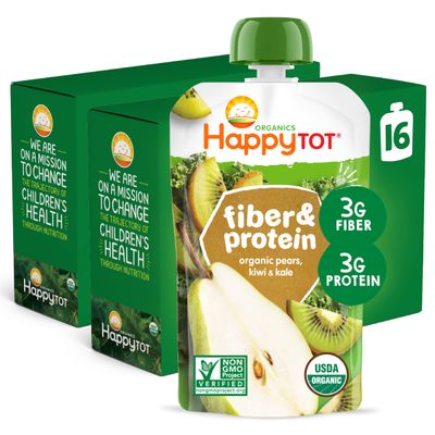 Happy Tot Organics Stage 4 Baby Food Pouches, Gluten Free, Vegan Snack, Fiber Protein Fruit Veggie Puree, Pears, Kiwi Kale, 4 Ounce (Pack of 16)