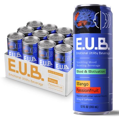 E.U.B Mango Passionfruit Sparkling Beverage with Nootropics Adaptogens, Motivation and Mood Support, 12oz Cans, 35mg Organic Green Tea Caffeine, 25 Calories per Can