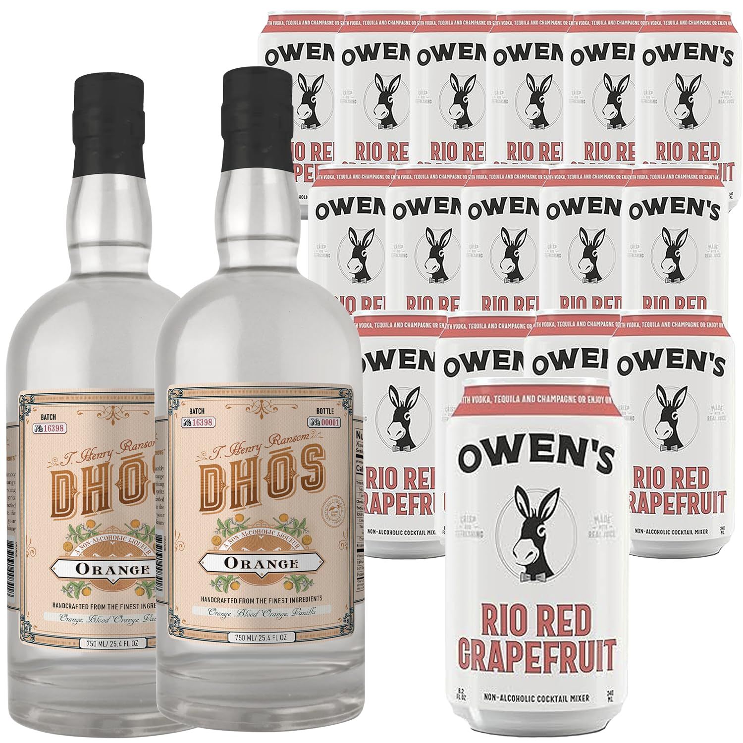 Dh s Handcrafted Non-Alcoholic Orange 750 ML Bottles w Pack Owen s Mixers Rio Red Grapefruit 8.2 OZ Cans - Keto-Friendly, Zero Sugar, Zero Calories, Zero Proof - Perfect for Mocktails - Made in USA