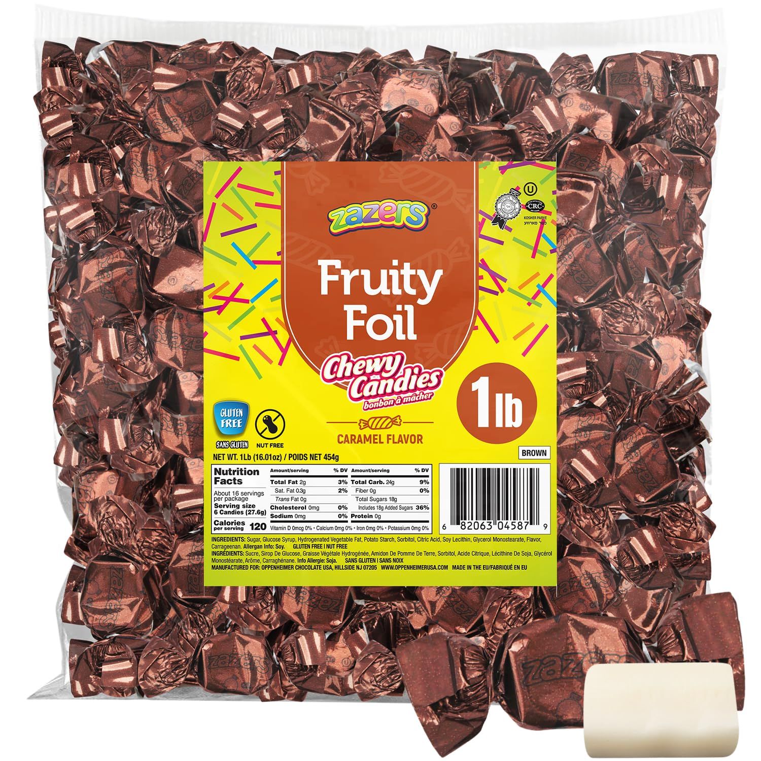 Zazers Brown Caramel Chewy Taffy Candy - 1-Pound Bag of Zazers Fruity Foil Chewy Candy - Caramel Flavor, Individually Wrapped, Kosher (NET WT 454g)
