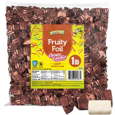 Zazers Brown Caramel Chewy Taffy Candy - 1-Pound Bag of Zazers Fruity Foil Chewy Candy - Caramel Flavor, Individually Wrapped, Kosher (NET WT 454g)