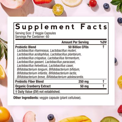 Doctor's Recipes Women s Probiotic, 120 Caps 50 Billion CFU 16 Strains, with Organic Cranberry, Digestive Immune Vaginal Urinary Health, Shelf Stable, Delayed Release, No Soy Gluten Dairy