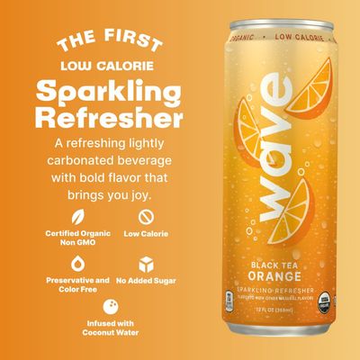 WAVE Black Tea Orange Sparkling Beverage Refresher - Organic, Low Calorie, No Added Sugar, Low Sugar Soda Alternative, Sparkling Juice, No Preservatives or Artificial Ingredients - 12-Pack