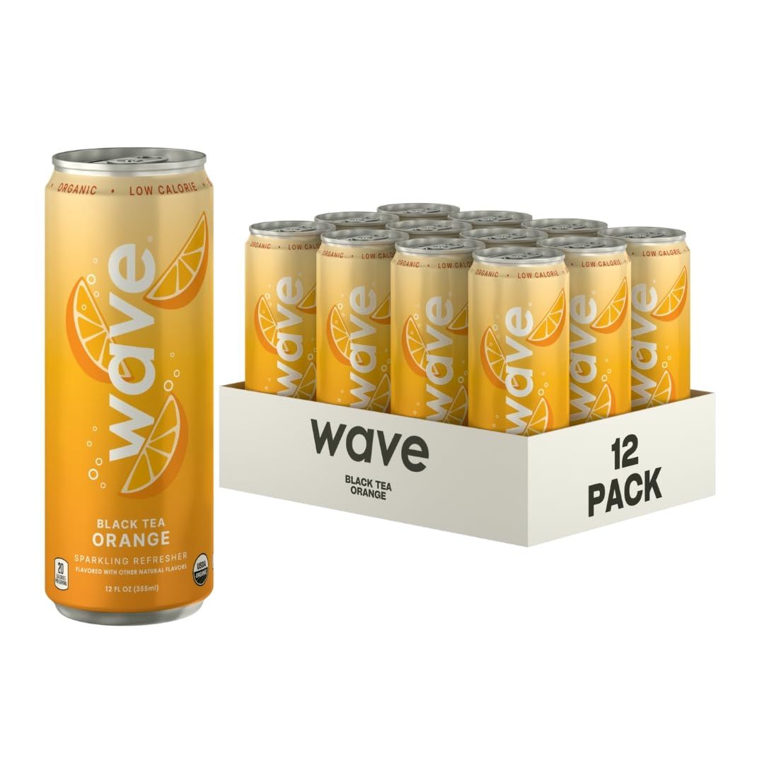 WAVE Black Tea Orange Sparkling Beverage Refresher - Organic, Low Calorie, No Added Sugar, Low Sugar Soda Alternative, Sparkling Juice, No Preservatives or Artificial Ingredients - 12-Pack
