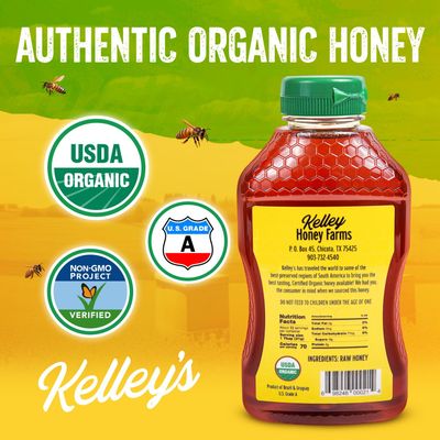 Kelley's 100 Organic Raw Unfiltered Honey, USDA Certified, 24 Oz - All Natural, Flavor-Rich Honey for Fruits, Yogurt, Smoothies, Acai Bowls, Tea - Natural Sugar Substitute