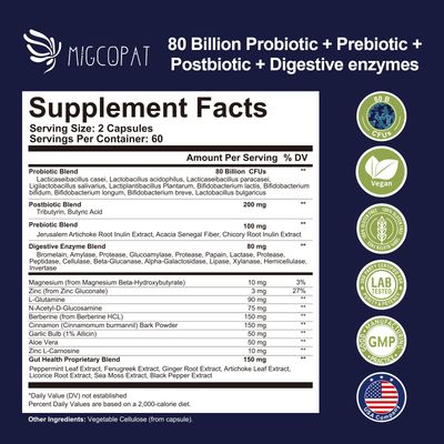 Migcopat Probiotic Prebiotic, Postbiotic Digestive Enzymes for Digestive Health, 80 Billion CFU Probiotics Complete Gut Support with Berberine, Cinnamon, L-Glutamine, for Men Women, 120 Capsules