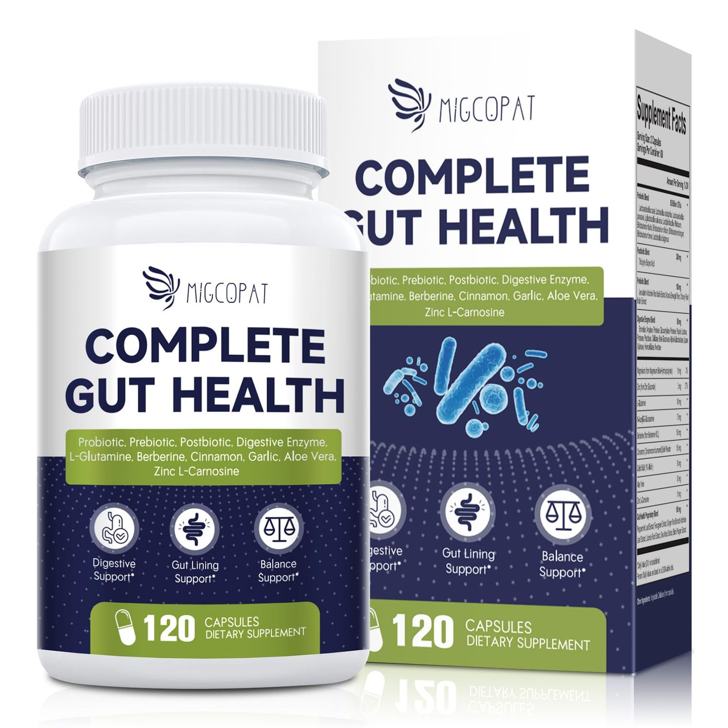 Migcopat Probiotic Prebiotic, Postbiotic Digestive Enzymes for Digestive Health, 80 Billion CFU Probiotics Complete Gut Support with Berberine, Cinnamon, L-Glutamine, for Men Women, 120 Capsules