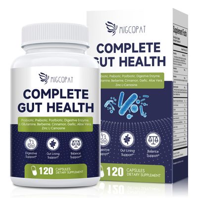 Migcopat Probiotic Prebiotic, Postbiotic Digestive Enzymes for Digestive Health, 80 Billion CFU Probiotics Complete Gut Support with Berberine, Cinnamon, L-Glutamine, for Men Women, 120 Capsules