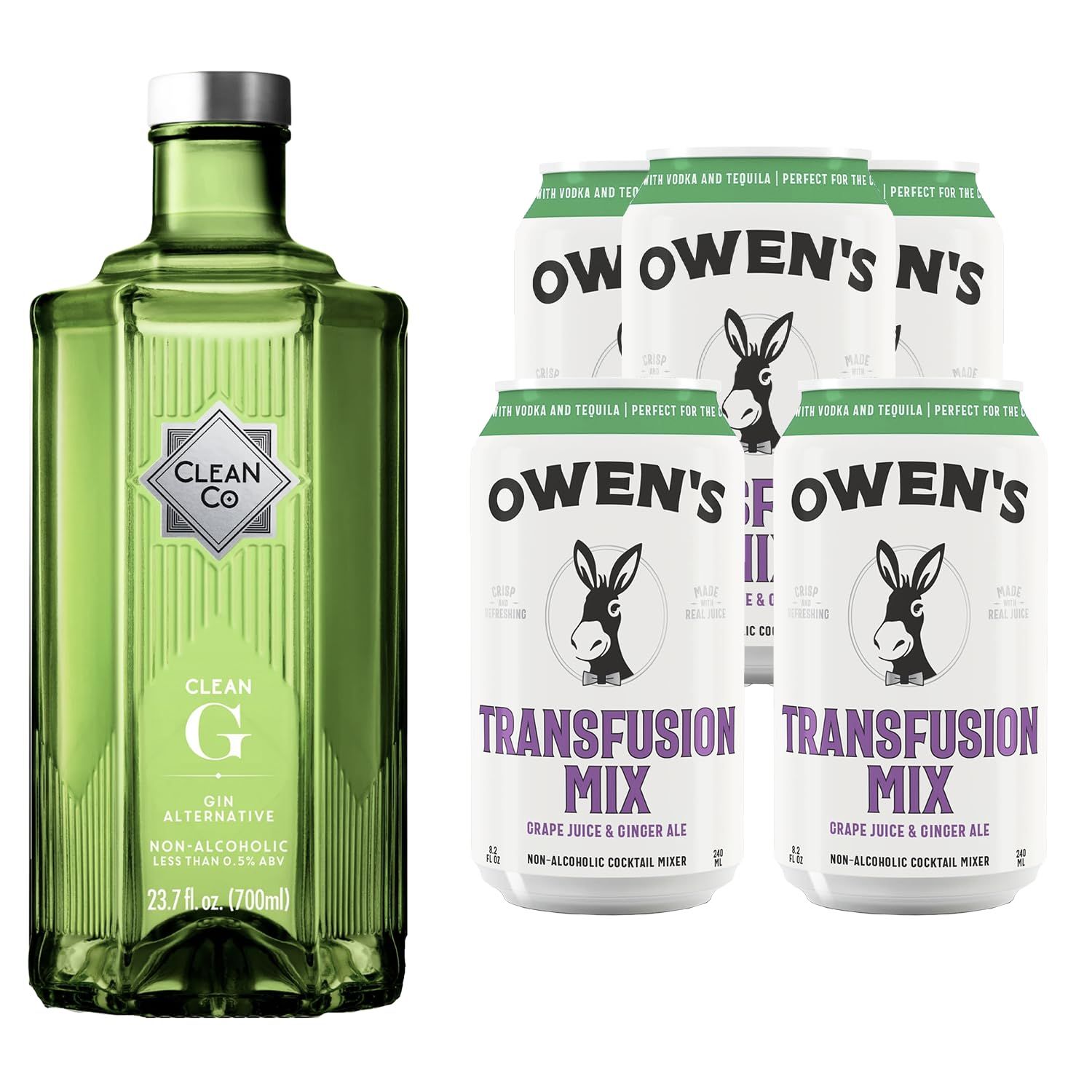 Clean Co Non-Alcoholic Gin 700ml Bottle 1-Pack With Owens Transfusion Mix 5-Pack