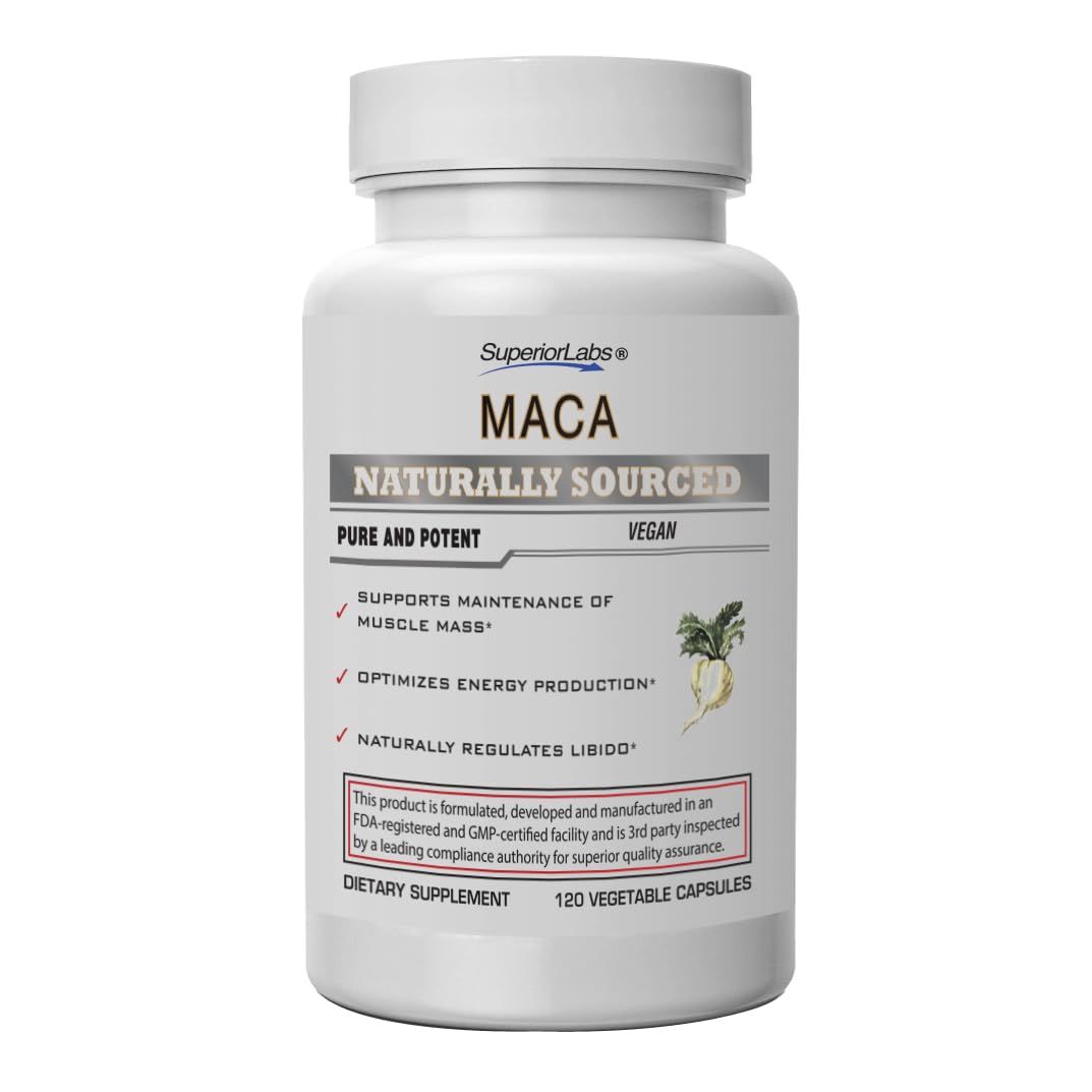 Superior Labs - Organic Peruvian Maca - 100 Pure NonGMO - Dietary Supplement for Calming and Relaxation - Zero Synthetic Additives, Stearates, Dioxides - 750mg, 120 Vegetable Capsules