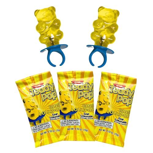 Sour Lemonade Teddy Pop Ring Lollipops - 40 Count - Individually Wrapped, Wearable Treats - Gluten-Free, Nut-Free, Kosher - Perfect for Goody Bags, Classrooms, Party Favors Holidays