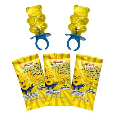 Sour Lemonade Teddy Pop Ring Lollipops - 40 Count - Individually Wrapped, Wearable Treats - Gluten-Free, Nut-Free, Kosher - Perfect for Goody Bags, Classrooms, Party Favors Holidays