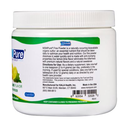 KALA HEALTH MSMPure Lemon Lime Flavored Fine MSM Powder Crystals - Organic Sulfur for Joint Flexibility, Skin Appearance, and Hair Nail Support - 8.8 oz, USA Made, Distilled Flakes