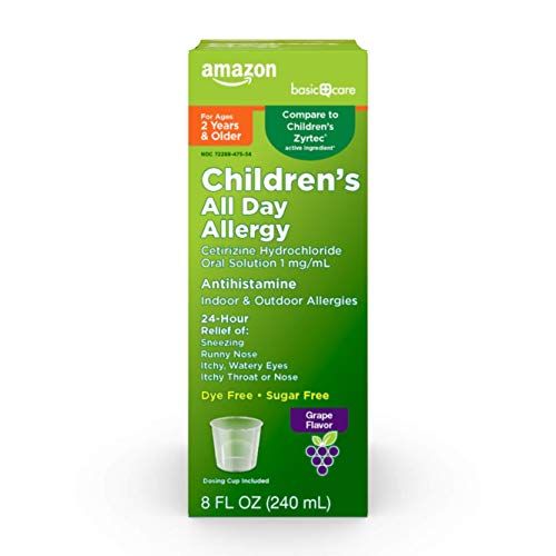 Amazon Basic Care Children s 24 Hour Allergy Relief, Cetirizine Hydrochloride Oral Solution 1 mgmL, Grape Flavor, Dye Free, 8 fl oz (Pack of 1)