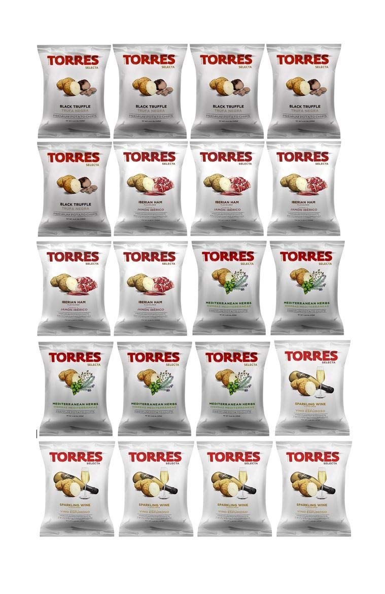 Torres Spanish Papas Fritas Potato Chips 4 Flavor Variety Pack Black Truffle, Mediterranean Herb, Sparkling Wine, Iberico Ham (20)