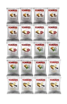 Torres Spanish Papas Fritas Potato Chips 4 Flavor Variety Pack Black Truffle, Mediterranean Herb, Sparkling Wine, Iberico Ham (20)
