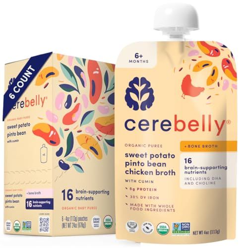 Cerebelly Organic Baby Food Pouches - 6 Months Organic Chicken Bone Broth Pouches Protein, Healthy Fats, Non-GMO Clean Baby Food 4 Ounce BPA-Free Pouches Sweet Potato Pinto Bean 6 Count