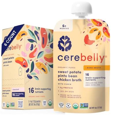 Cerebelly Organic Baby Food Pouches - 6 Months Organic Chicken Bone Broth Pouches Protein, Healthy Fats, Non-GMO Clean Baby Food 4 Ounce BPA-Free Pouches Sweet Potato Pinto Bean 6 Count