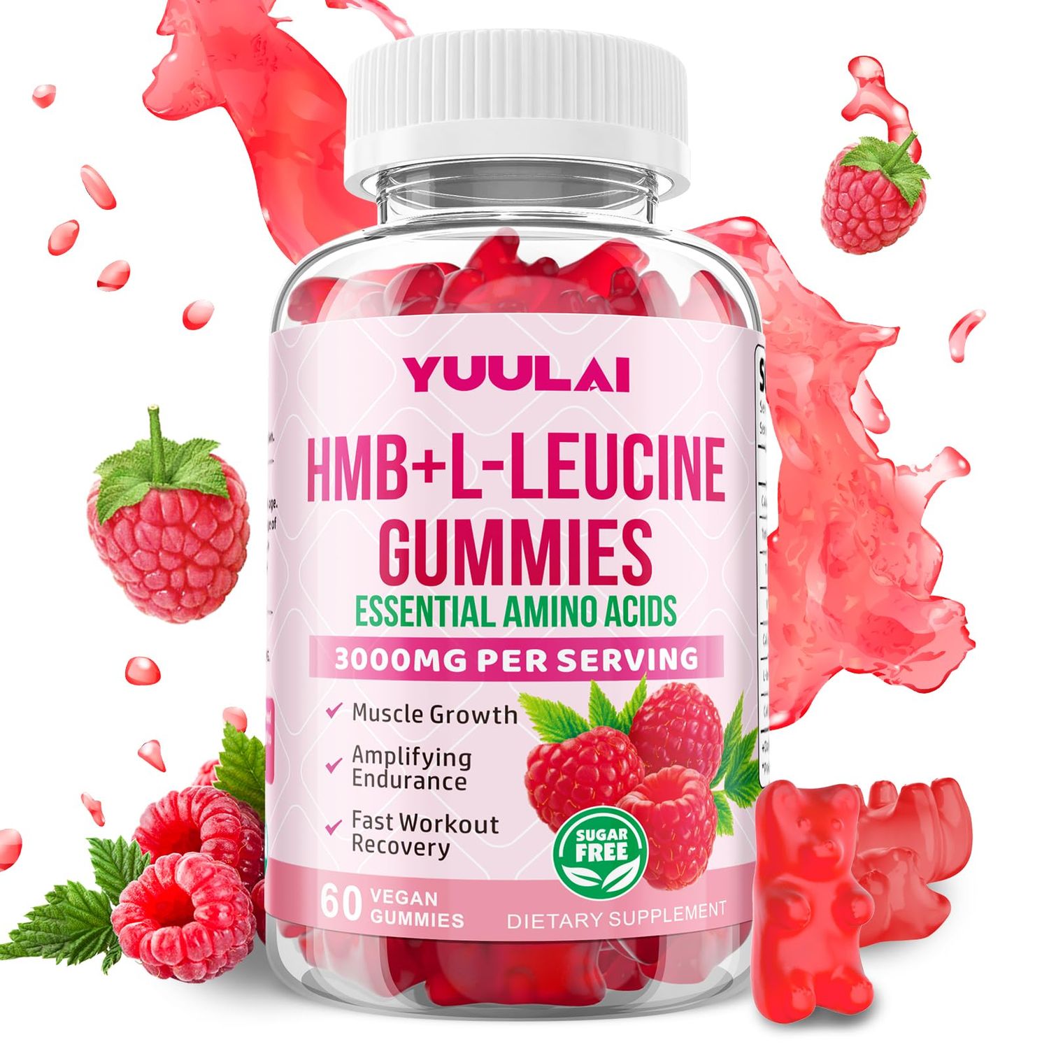 YUULAI HMB and L-Leucine Gummies, 3000mg HMB and Leucine Amino Acid for Men Women, for Muscle Growth, Muscle Relief, and Fast Workout Recovery, Vegan, Raspberry Flavor, 60 Count