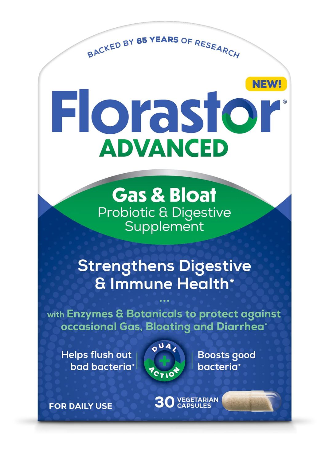 Florastor Advanced Gas and Bloat Probiotic, Digestive Enzymes and Botanicals, Plus Probiotics for Digestive Health, 30 Capsules