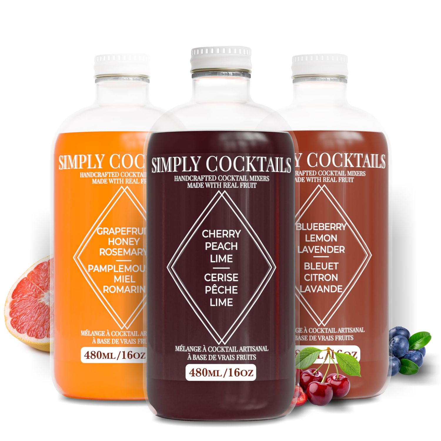 Simply Cocktails Cocktail Mocktail Mixer Kit Cherry Peach Lime, Blueberry Lavender Grapefruit Honey Rosemary Made with Real Fruit Fresh Citrus Low Sugar, Low Carb Drink Mixers 16oz (Pack of 3)