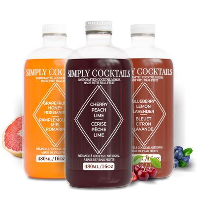 Simply Cocktails Cocktail Mocktail Mixer Kit Cherry Peach Lime, Blueberry Lavender Grapefruit Honey Rosemary Made with Real Fruit Fresh Citrus Low Sugar, Low Carb Drink Mixers 16oz (Pack of 3)