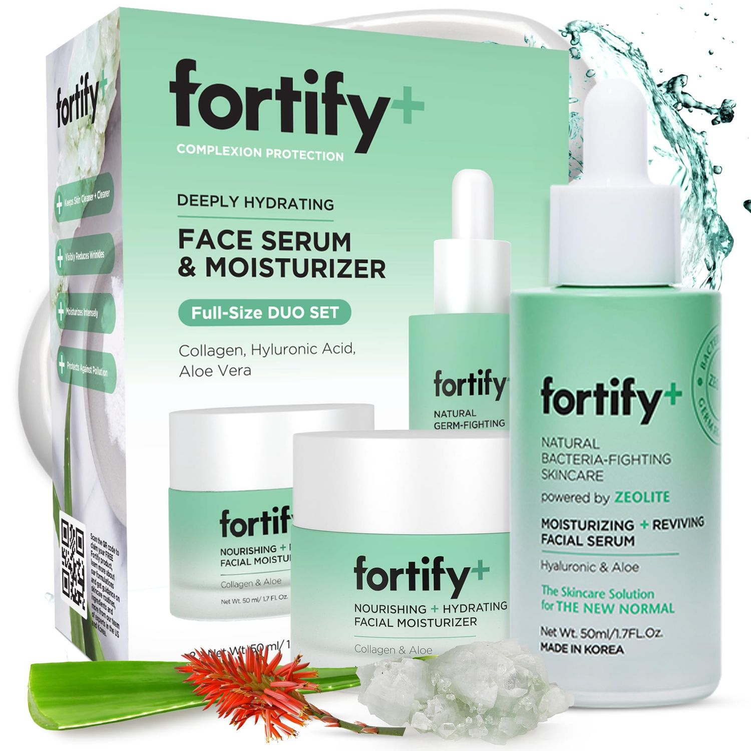 Fortify Skincare 9-in-1 Ultimate Hydration Facial Set - Nourishing Moisturizer Serum Duo, Dermatologist Tested - Hydrates Protects Skin Barrier, Clean Beauty, Made in Korea - 2 x 50ML1.7Fl Oz