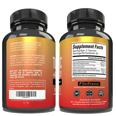 Envy Nutrition Turmeric Ginger Supplement Capsules with Apple Cider Vinegar - Enhanced Immunity Metabolism Support - 95 Curcuminoids, Bioperine (Black Pepper) for Superior Absorption - 60 Caps