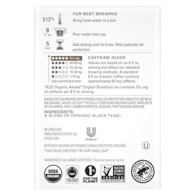 TAZO Organic Awake English Breakfast Black Tea, Black tea with Caffeine, 36 Total Bags