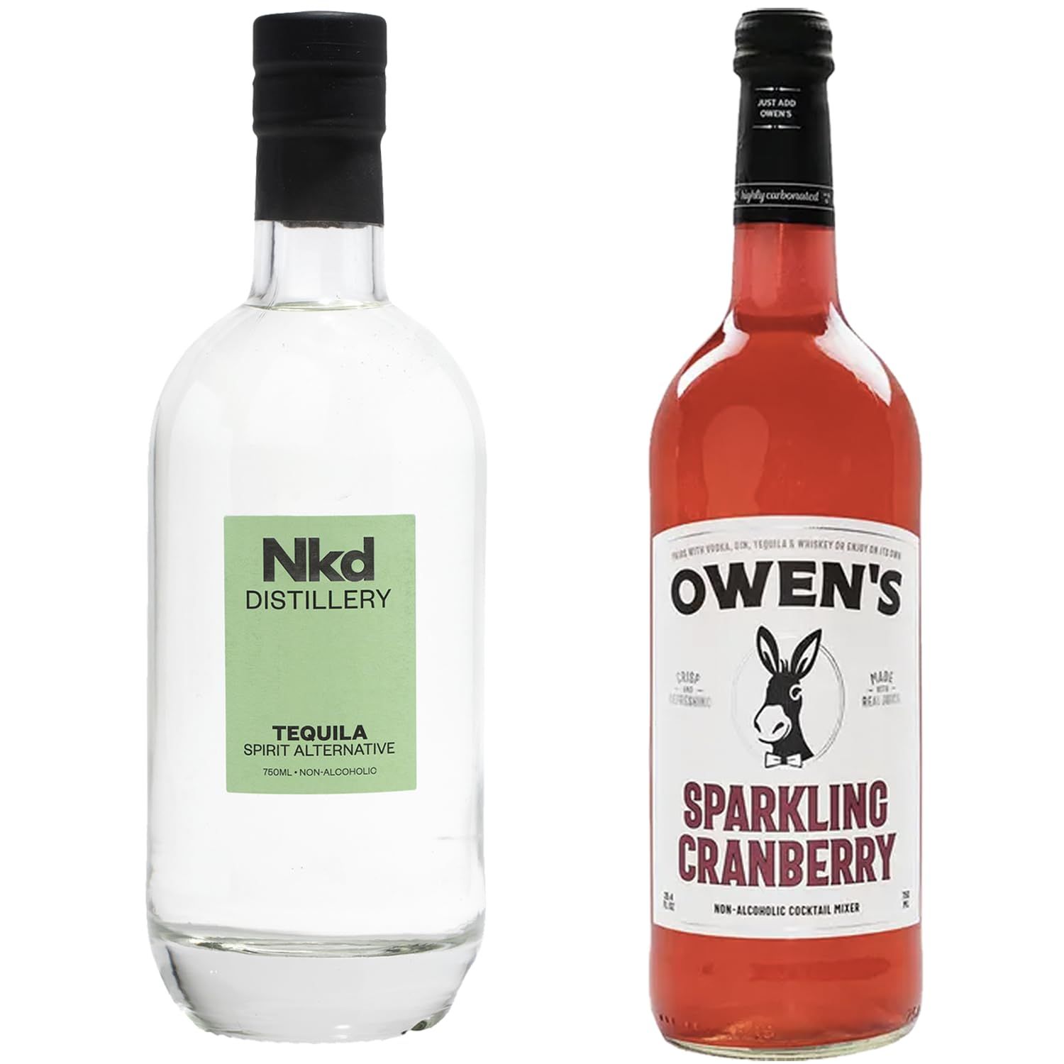 Nkd Distillery Tequila Alternative Premium Non-Alcoholic Spirit 750 ML Bottle w Owen s Mixers Sparkling Cranberry 750 ML Bottle - Perfect for Mocktails - Made in USA