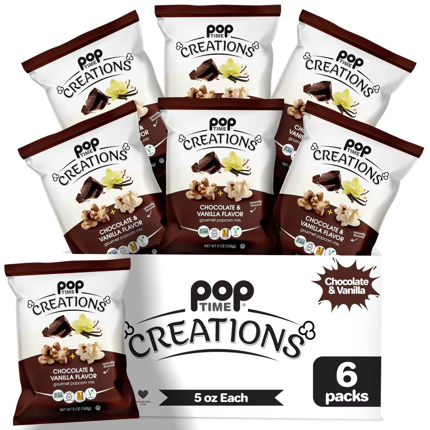 Poptime Creations Popcorn Snacks - Chocolate Vanilla Flavored Popcorn - 5 Oz Bags - 6 Count - Whole Grain, Non-GMO, Gluten Dairy-Free, Kosher, Vegan, 2 Flavors in 1 Bag