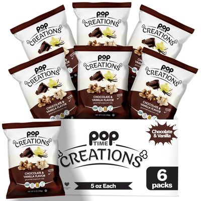 Poptime Creations Popcorn Snacks - Chocolate Vanilla Flavored Popcorn - 5 Oz Bags - 6 Count - Whole Grain, Non-GMO, Gluten Dairy-Free, Kosher, Vegan, 2 Flavors in 1 Bag