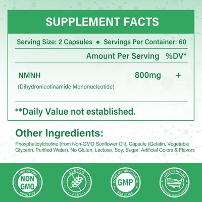 SUPRANOURISH NMNH (Dihydronicotinamide Mononucleotide),800mg per Serving NAD Supplement,NMNH Supplements for NAD Support, Anti-Aging, Energy, Immunity,Focus,120 Capsules