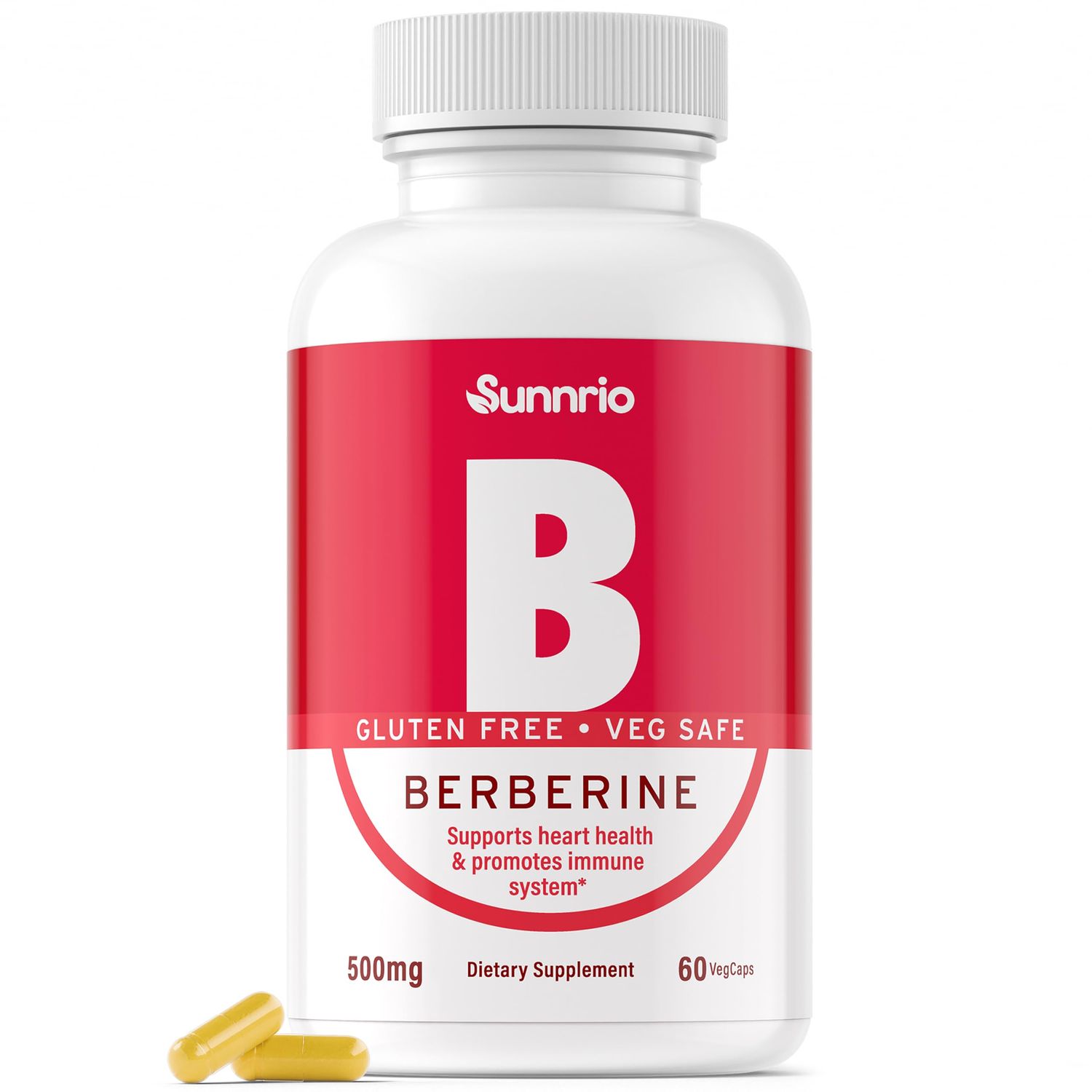 Sunnrio Berberine HCL 500mg - Supports Healthy Metabolism, Heart, and Immune System - Non-GMO, Gluten-Free, Vegeterian Safe - 60 Capsules