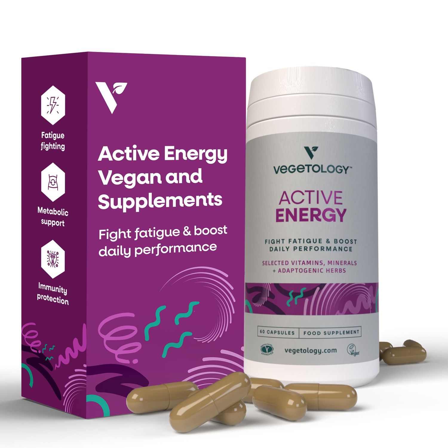 VEGETOLOGY Active Energy Supplements - Fatigue-Fighting C B Vitamin Supplements - Vitamin Supplement wFolate, Iron Adaptogenic Herbs - Caffeine-Free Multivitamin Capsules (60 Counts)