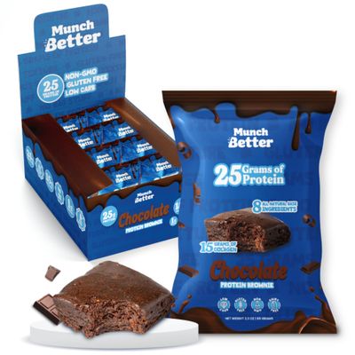 Munch Better Chocolate Protein Brownies - High Protein (25g), Dairy-Free, Gluten-Free Brownie Bites - 15g Collagen, Low Sugar, Clean Ingredients - (8 per box)