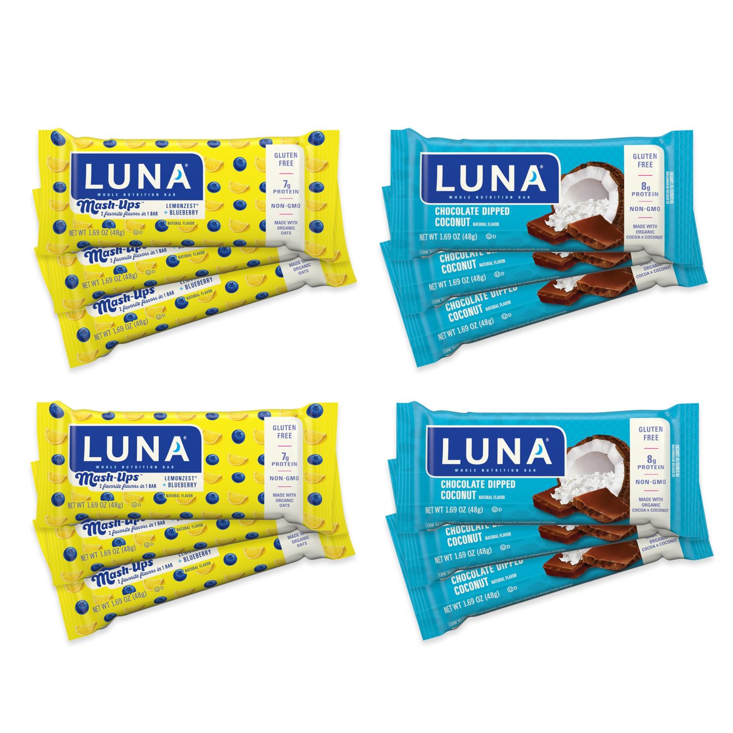 LUNA Bar - Variety Pack - Chocolatey Dipped Coconut and LemonZest Blueberry Mash-Ups Flavor - Gluten Free Snack Bars - Non-GMO - Protein Bars - Made with Organic Oats (12 Pack)
