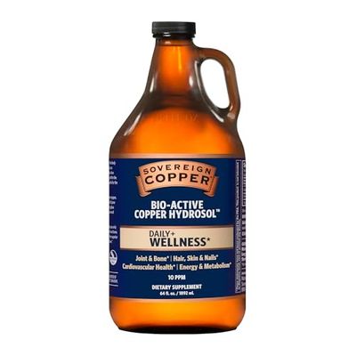 Sovereign Copper Bio-Active Copper Hydrosol, Daily 4-in-1 Wellness Supplement for Joint and Bone, Hair, Skin and Nails, Cardiovascular Health and Energy and Metabolism Support, 64oz