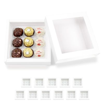 BAKIPACK 12 Truffle Boxes, Chocolates Box, White Truffle Gift Packaging with 9-Piece Plastics Tray