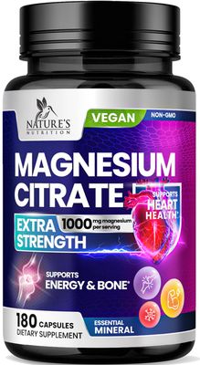 Magnesium Citrate Supplement 1000 mg for Best Absorption, Supports Bone, Heart Health, Nerves, Muscles, Metabolism Calm, Nature&#39;s Pure Magnesio Vitamin Pills, Bottled in USA - 180 Capsules