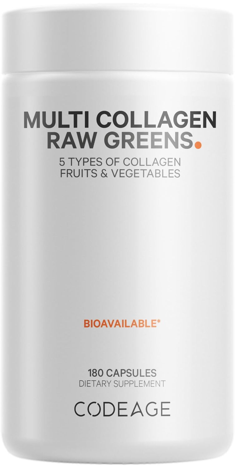 Codeage Multi Collagen Protein Organic Raw Greens Superfood Capsules Supplement, 21 Fruits Veggies, Grass-Fed Hydrolyzed Collagen Peptides, 5 Types All-in-One, 180 Count