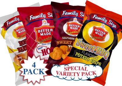 Better Made Special BBQ Potato Chips Variety Pack (4) x Family Size Bags 8.5oz (1 BBQ, 1 Hot BBQ, 1 Southern Style Sweet Heat, 1 Sweet BBQ) - Crispy, Crunchy, Salty Snacks Made From Fresh Potatoes