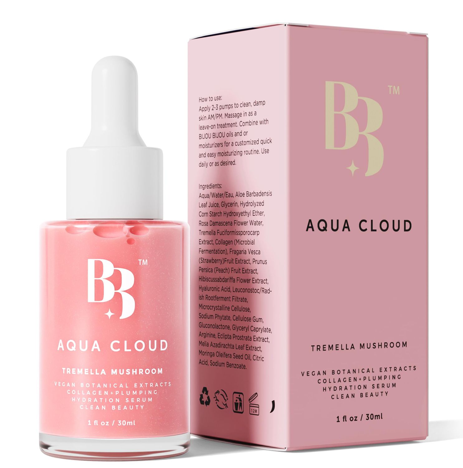 BIJOU BIJOU Aqua Cloud Serum - Natural Kbeauty Tremella Mushroom Hyaluronic Acid Serum, Firming Hydrating Face Moisturizer, Vegan Collagen, Reduces Fine Lines Wrinkles, All Skin Types, 1 oz