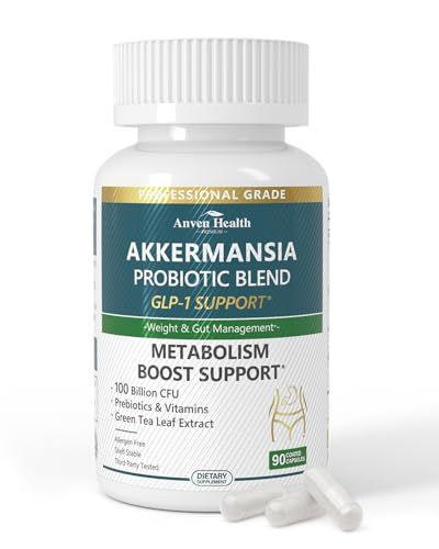 Anven Health Probiotics 100 Billion CFU with Akkermansia Herbal Support - for Gut Health, GLP-1, Metabolism - Vegan, Non-GMO, with Green Tea, Vitamins, Chromium Prebiotics 90 Capsules