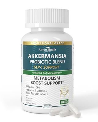 Anven Health Probiotics 100 Billion CFU with Akkermansia Herbal Support - for Gut Health, GLP-1, Metabolism - Vegan, Non-GMO, with Green Tea, Vitamins, Chromium Prebiotics 90 Capsules