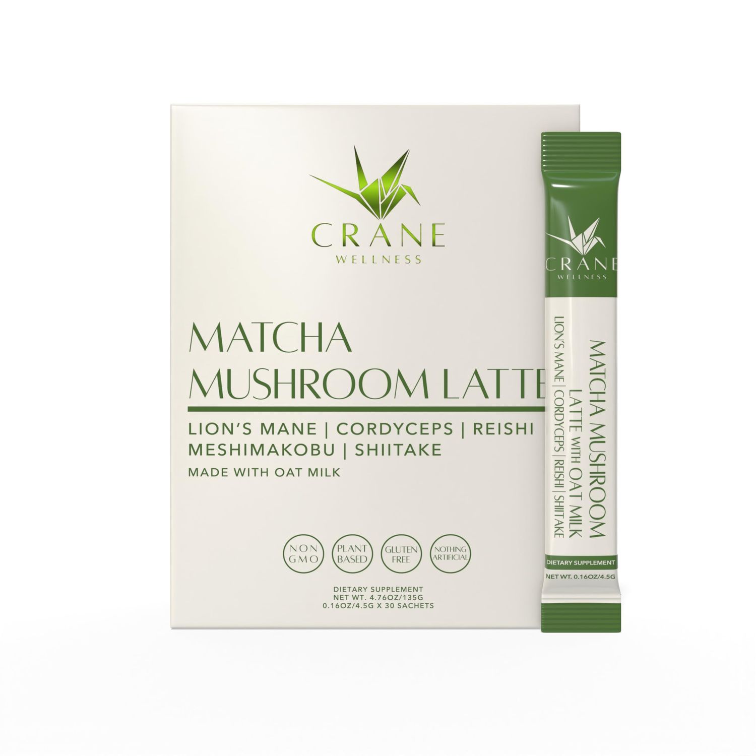 Crane Wellness Matcha Mushroom Latte Mix with Adaptogens, 30 Sachets, Oat Milk, Plant Based for Focus and Clarity